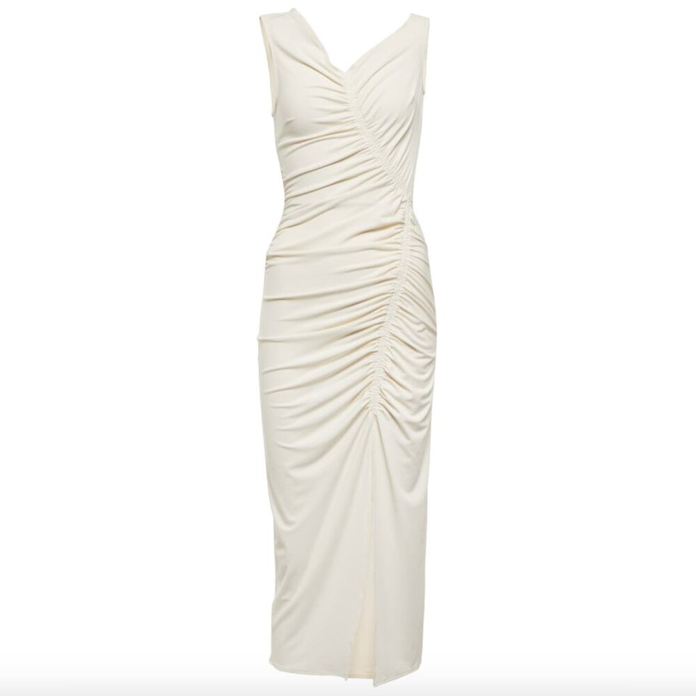 NWOT Self Portrait Ivory Jersey Gathered Asymmetric Midi Dress